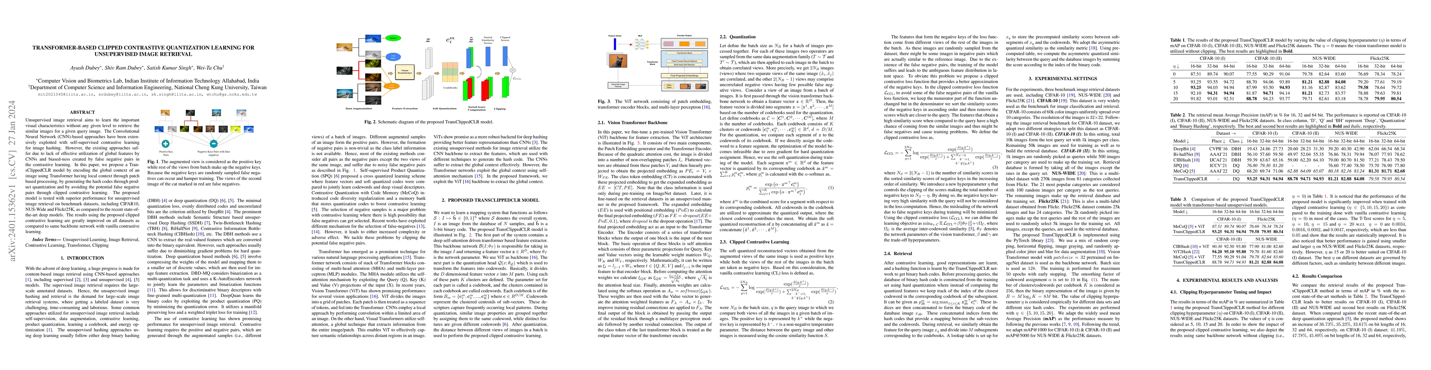 Thumbnail for Transformer-based Clipped Contrastive Quantization Learning for
  Unsupervised Image Retrieval