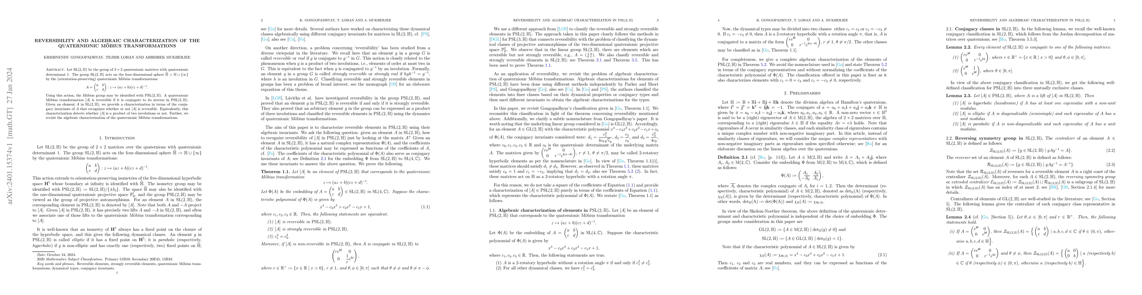 Thumbnail for Reversibility and algebraic characterization of the quaternionic
  M\"obius transformations