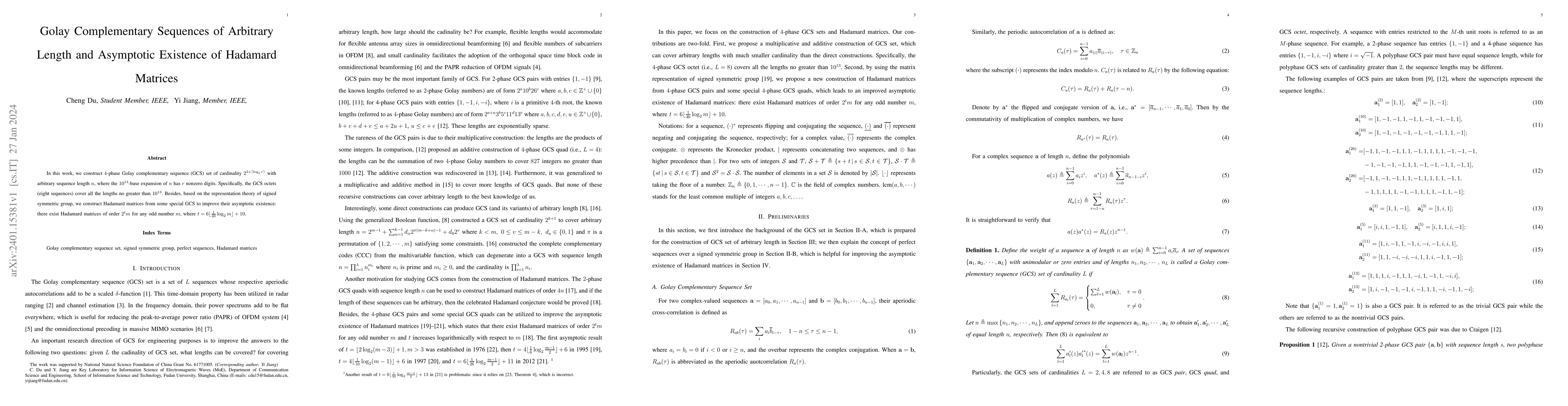 Thumbnail for Golay Complementary Sequences of Arbitrary Length and Asymptotic
  Existence of Hadamard Matrices