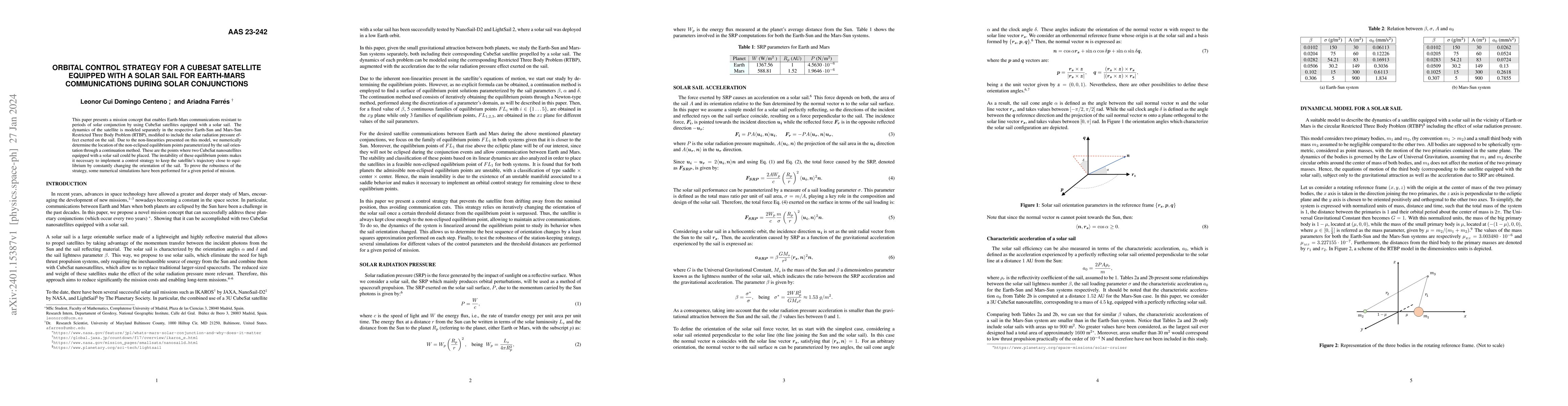 Thumbnail for Orbital control strategy for a CubeSat satellite equipped with a solar
  sail for Earth-Mars communications during solar conjunctions