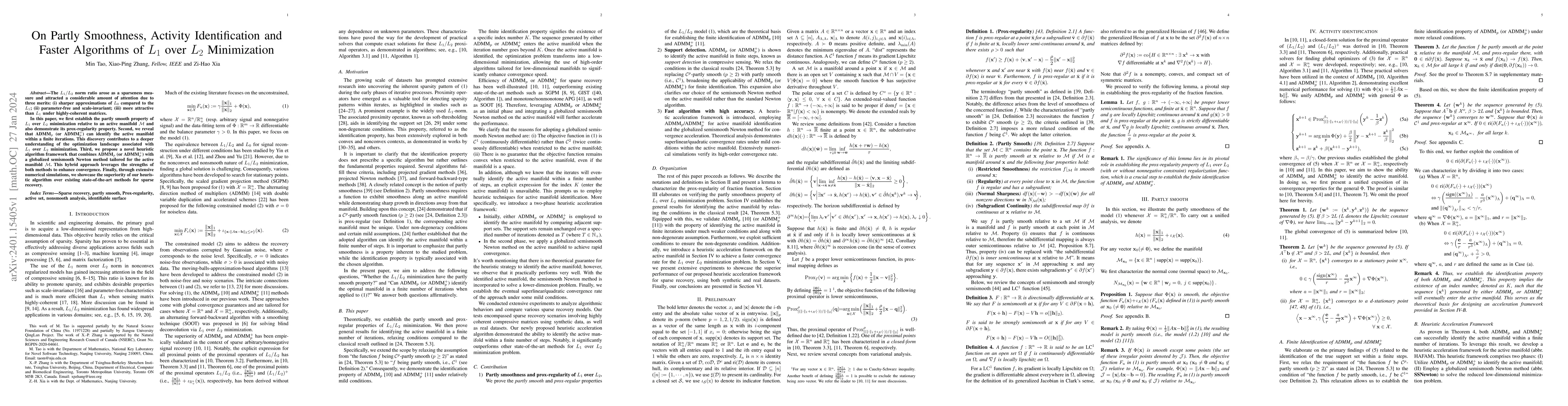Thumbnail for On Partly Smoothness, Activity Identification and Faster Algorithms of
  $L_1$ over $L_2$ Minimization