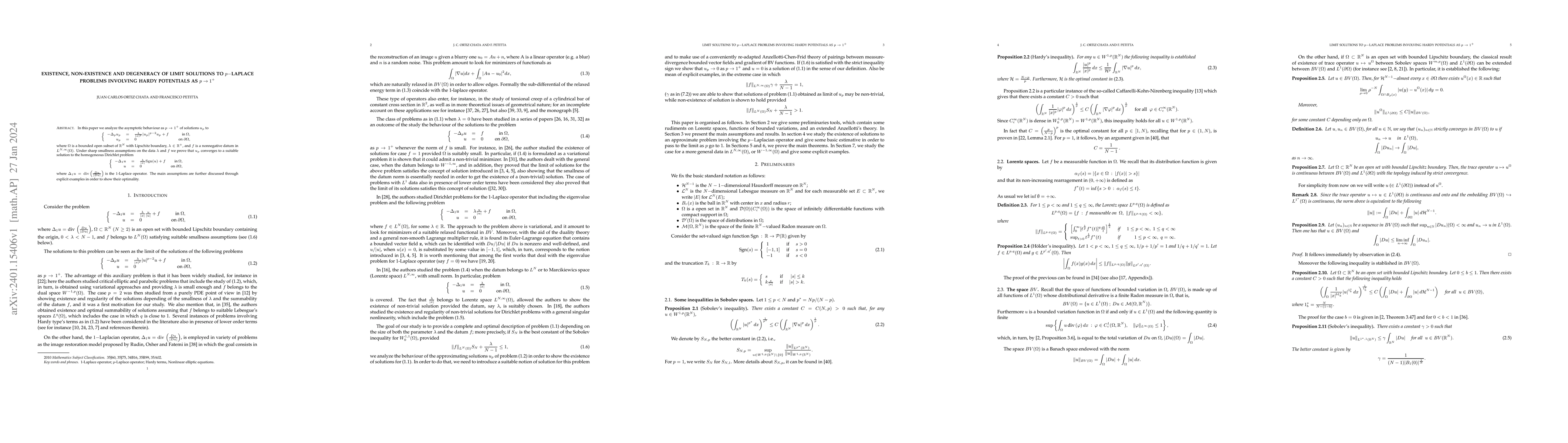 Thumbnail for Existence, non-existence and degeneracy of limit solutions to
  $p-$Laplace problems involving Hardy potentials as $p\to1^+$