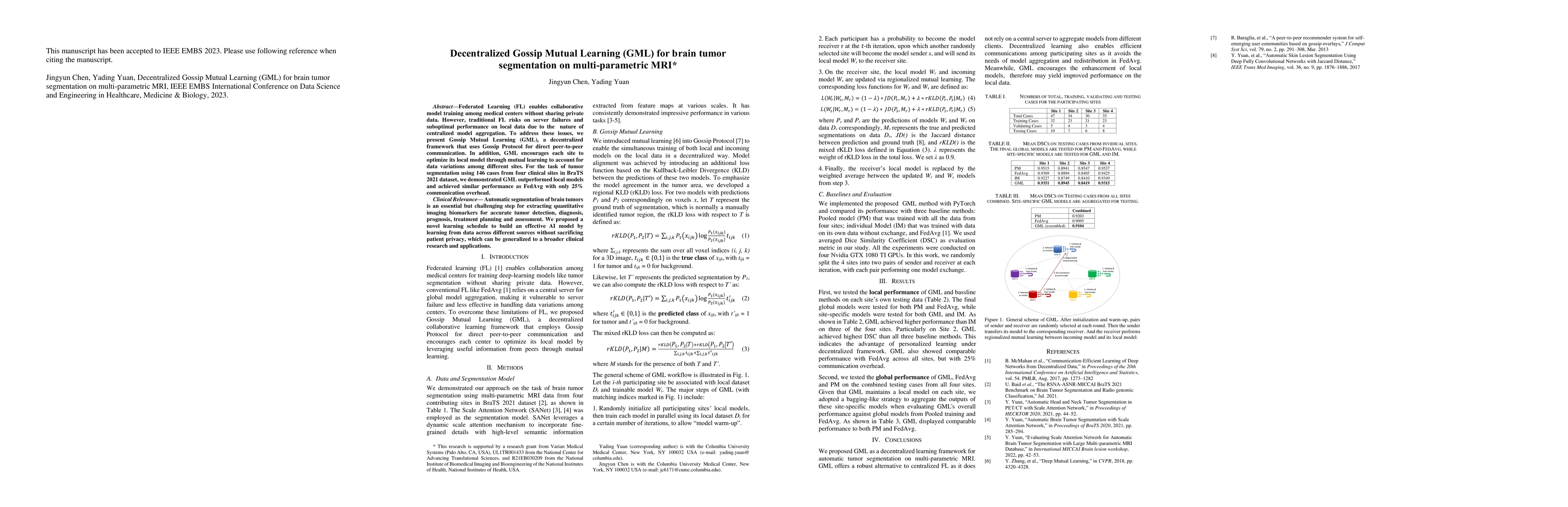 Thumbnail for Decentralized Gossip Mutual Learning (GML) for brain tumor segmentation
  on multi-parametric MRI