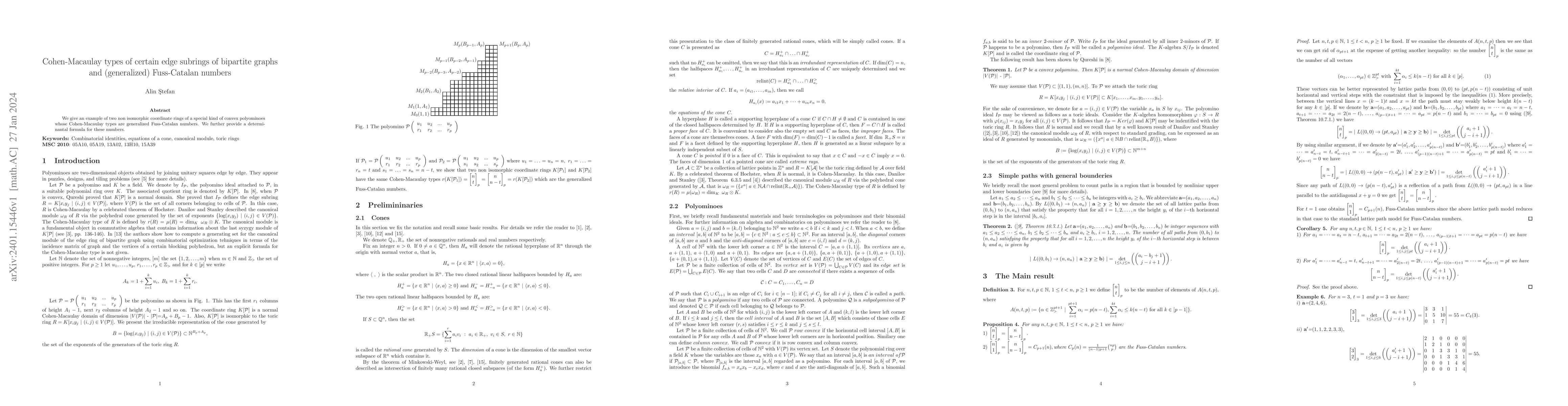 Thumbnail for Cohen-Macaulay types of certain edge subrings of bipartite graphs and
  (generalized) Fuss-Catalan numbers