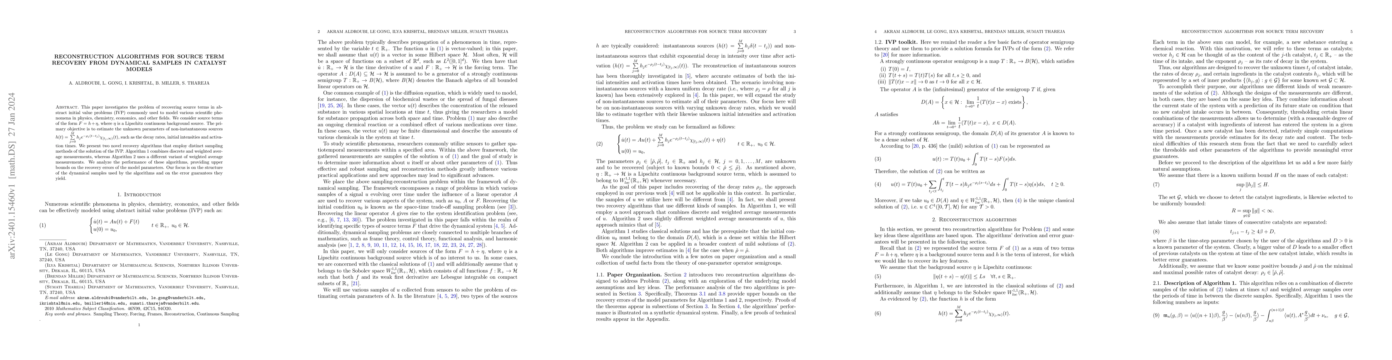 Thumbnail for Reconstruction algorithms for source term recovery from dynamical
  samples in catalyst models