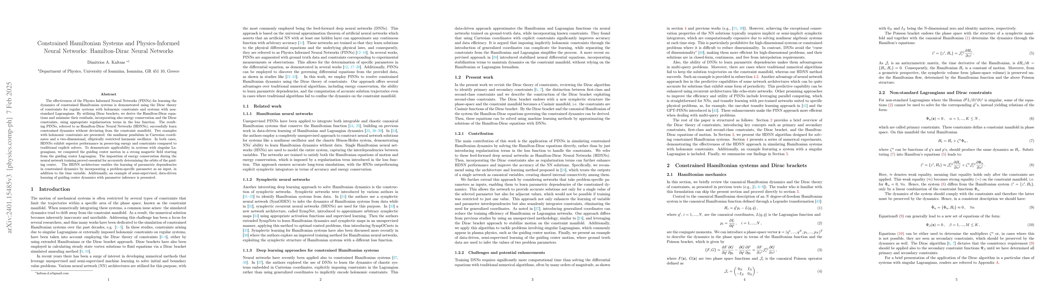 Thumbnail for Constrained Hamiltonian systems and Physics Informed Neural Networks:
  Hamilton-Dirac Neural Nets