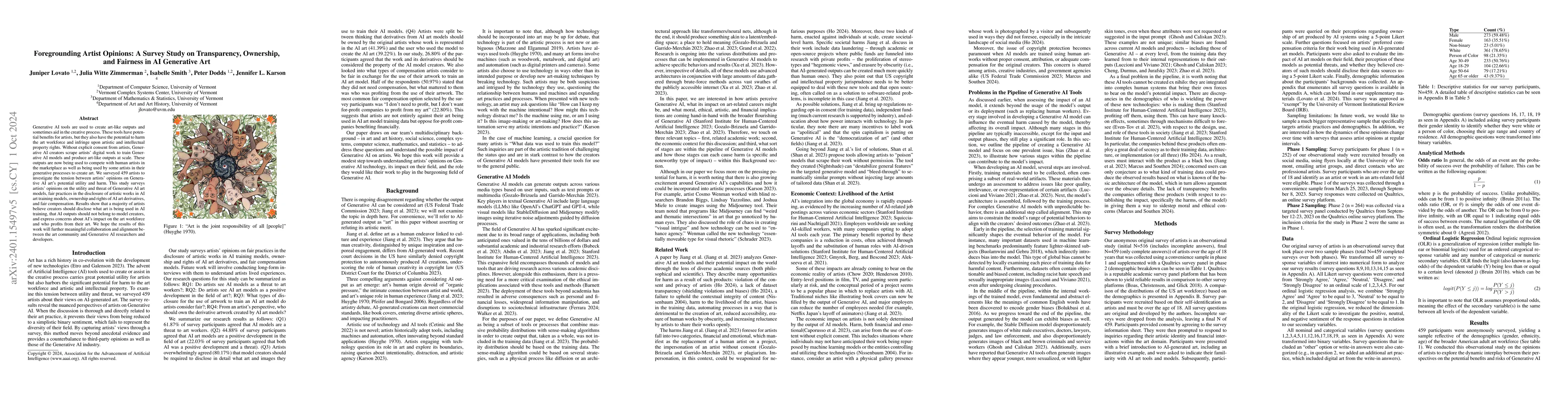Thumbnail for Foregrounding Artist Opinions: A Survey Study on Transparency,
  Ownership, and Fairness in AI Generative Art