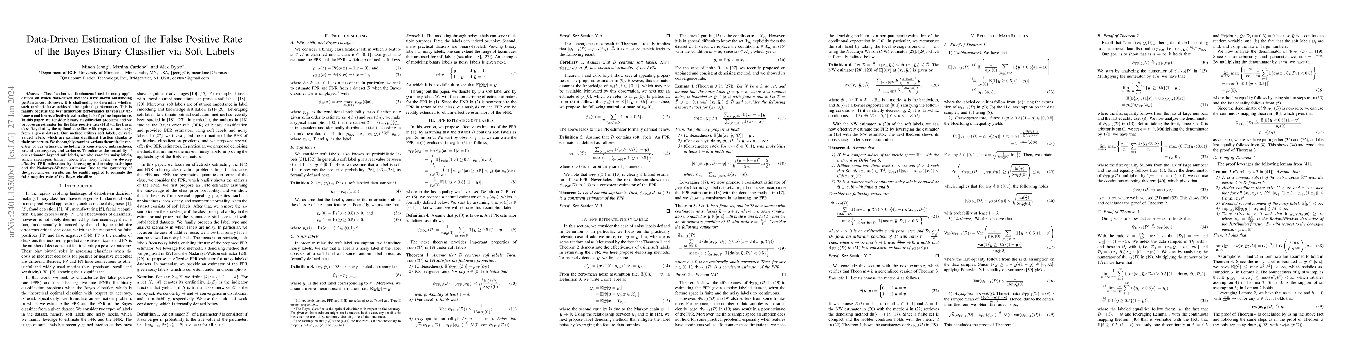 Thumbnail for Data-Driven Estimation of the False Positive Rate of the Bayes Binary
  Classifier via Soft Labels