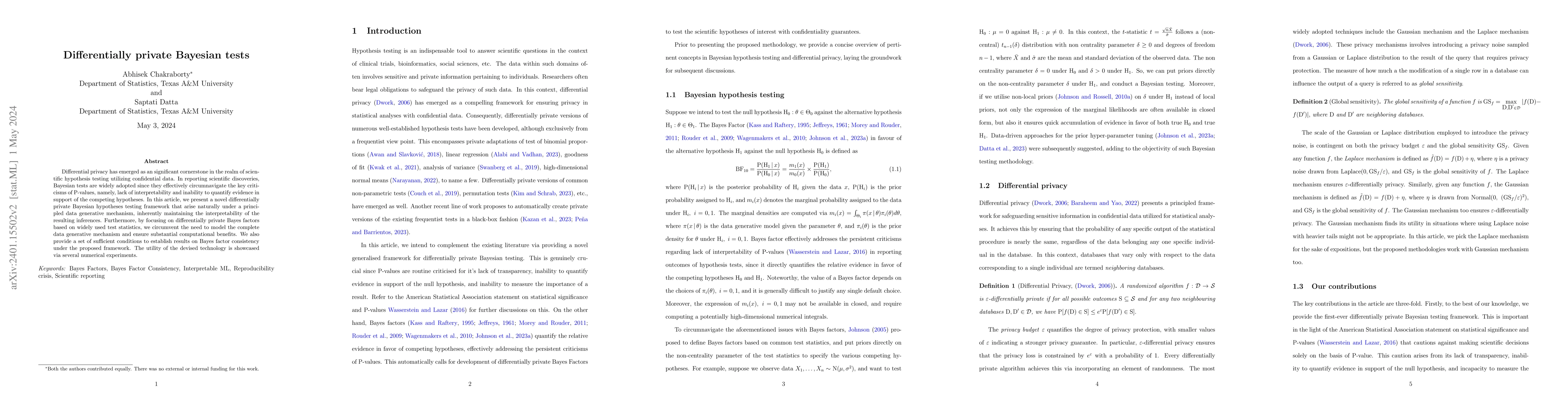 Thumbnail for Differentially private Bayesian tests