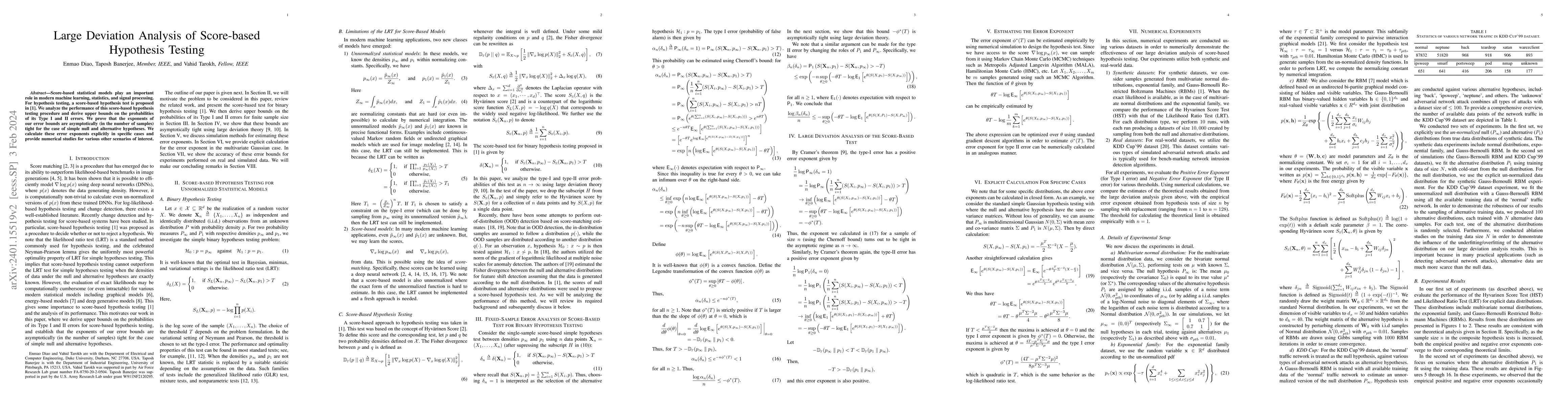 Thumbnail for Large Deviation Analysis of Score-based Hypothesis Testing