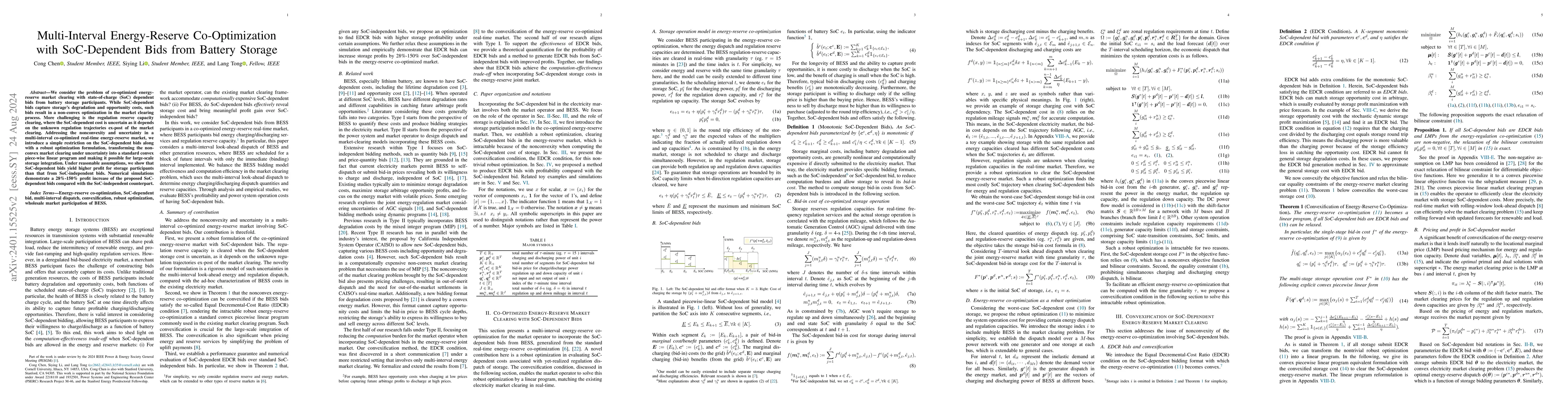 Thumbnail for Multi-Interval Energy-Reserve Co-Optimization with SoC-Dependent Bids
  from Battery Storage