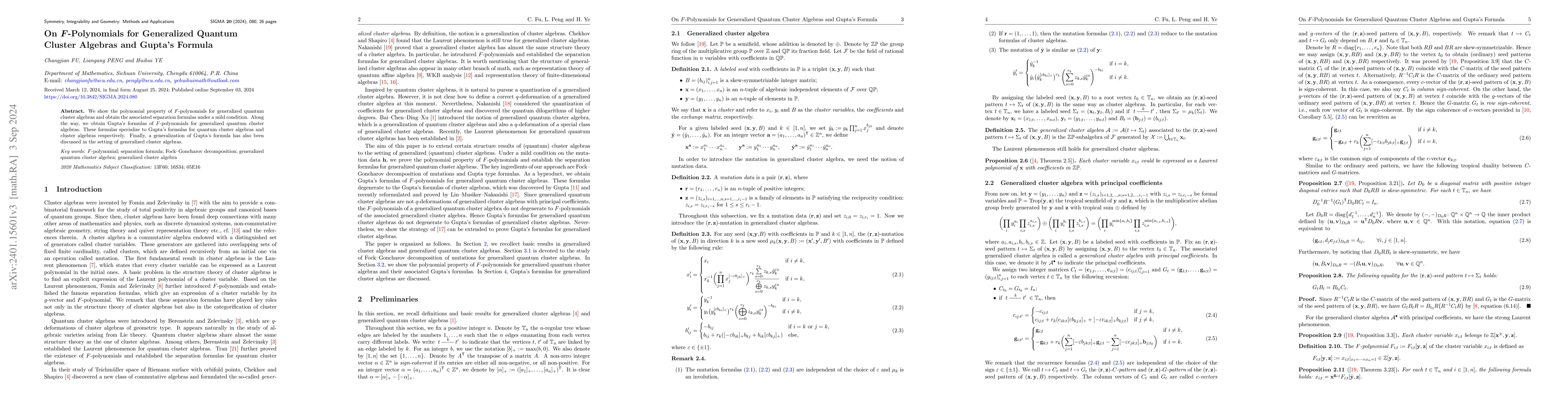 Thumbnail for On F-polynomials for generalized quantum cluster algebras and Gupta's
  formula