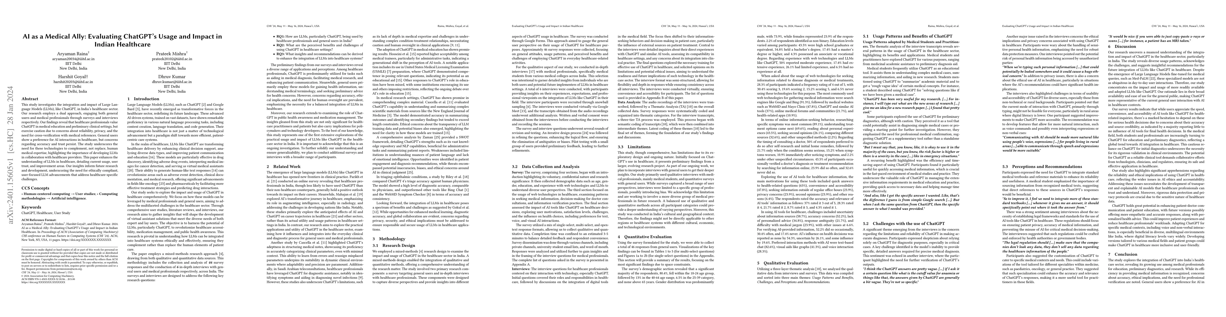 Thumbnail for AI as a Medical Ally: Evaluating ChatGPT's Usage and Impact in Indian
  Healthcare