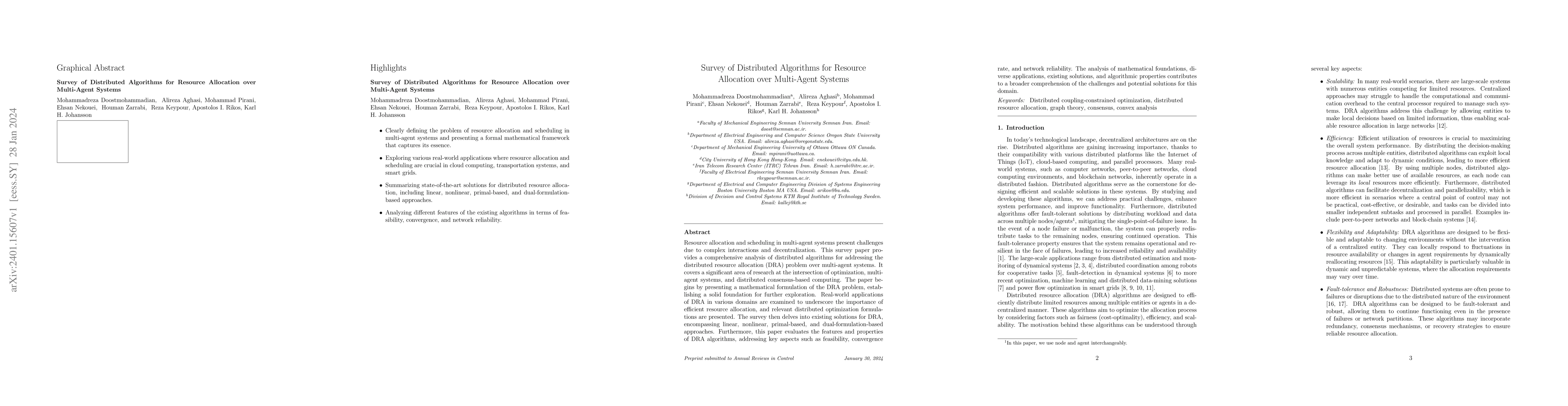 Thumbnail for Survey of Distributed Algorithms for Resource Allocation over
  Multi-Agent Systems