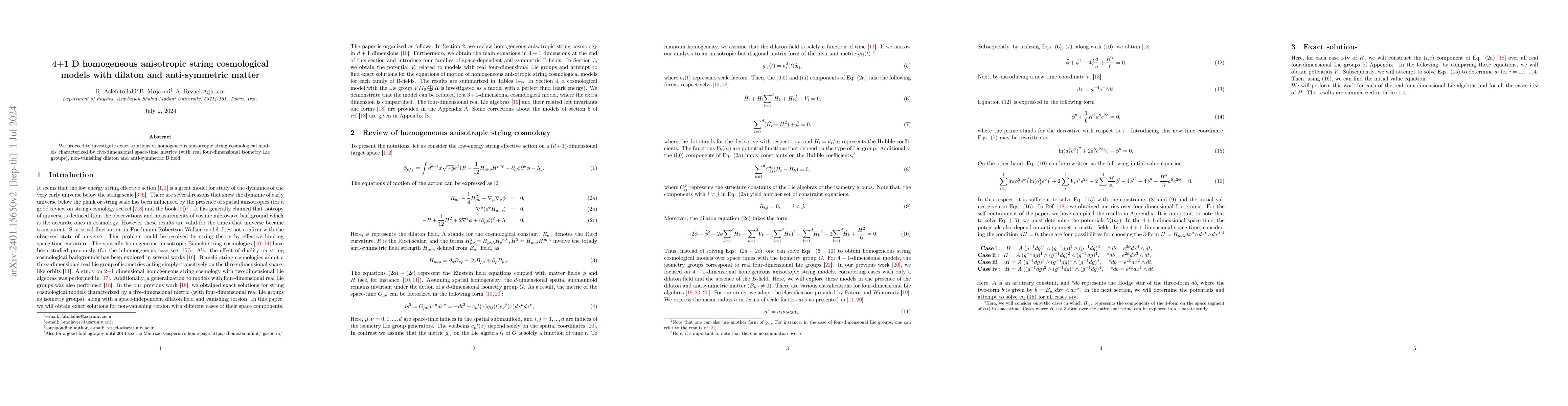Thumbnail for 4+1 D homogeneous anisotropic string cosmological models with dilaton
  and anti-symmetric matter