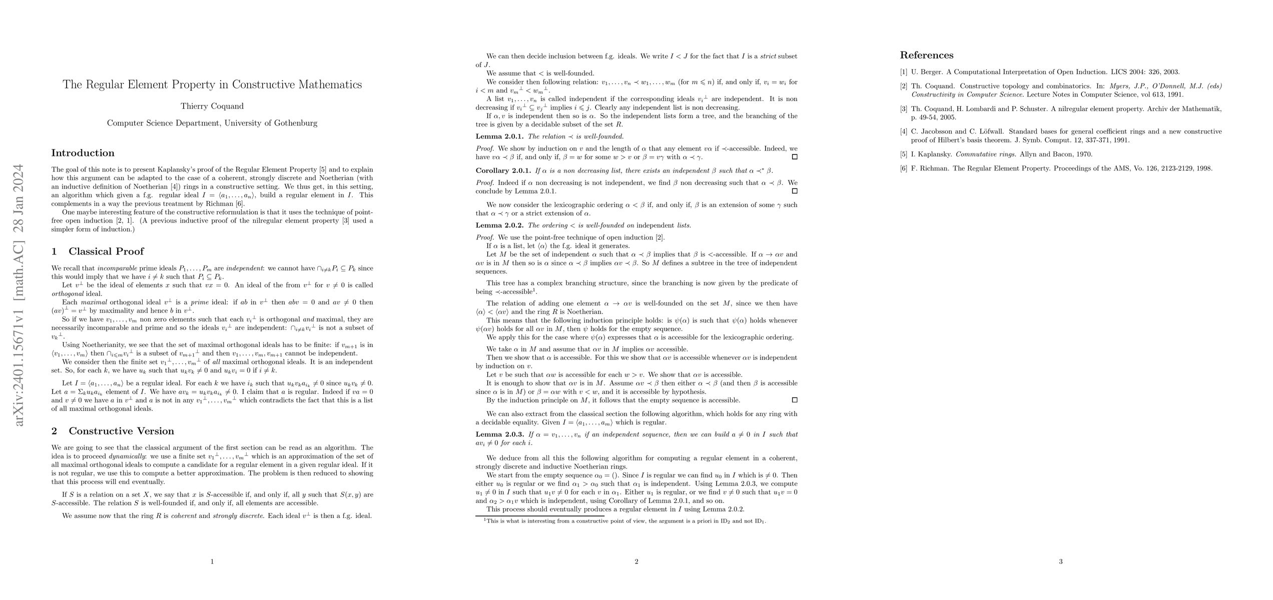Thumbnail for The Regular Element Property in Constructive Mathematics