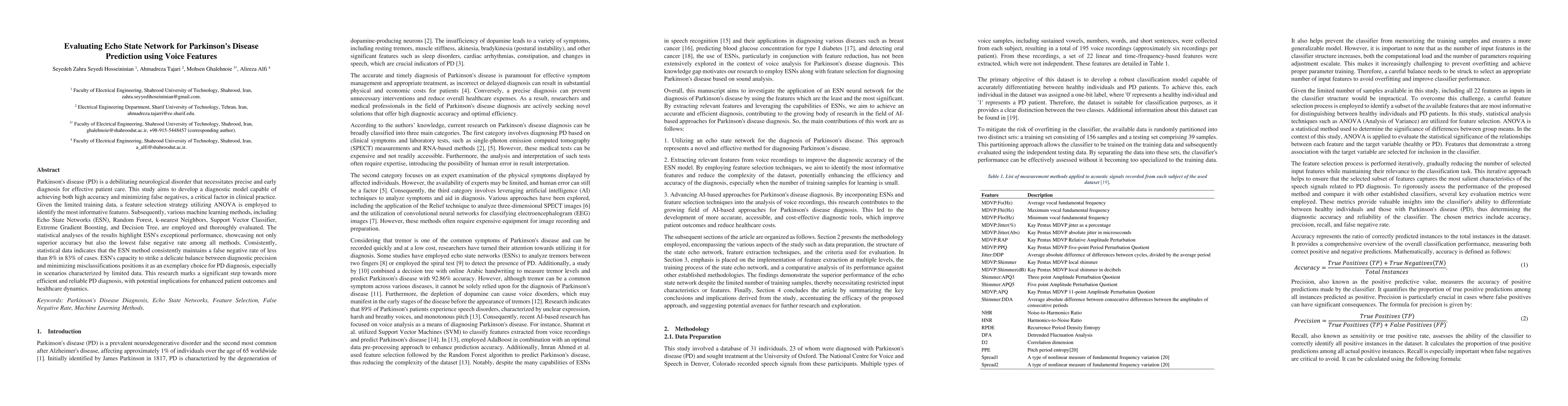 Thumbnail for Evaluating Echo State Network for Parkinson's Disease Prediction using
  Voice Features