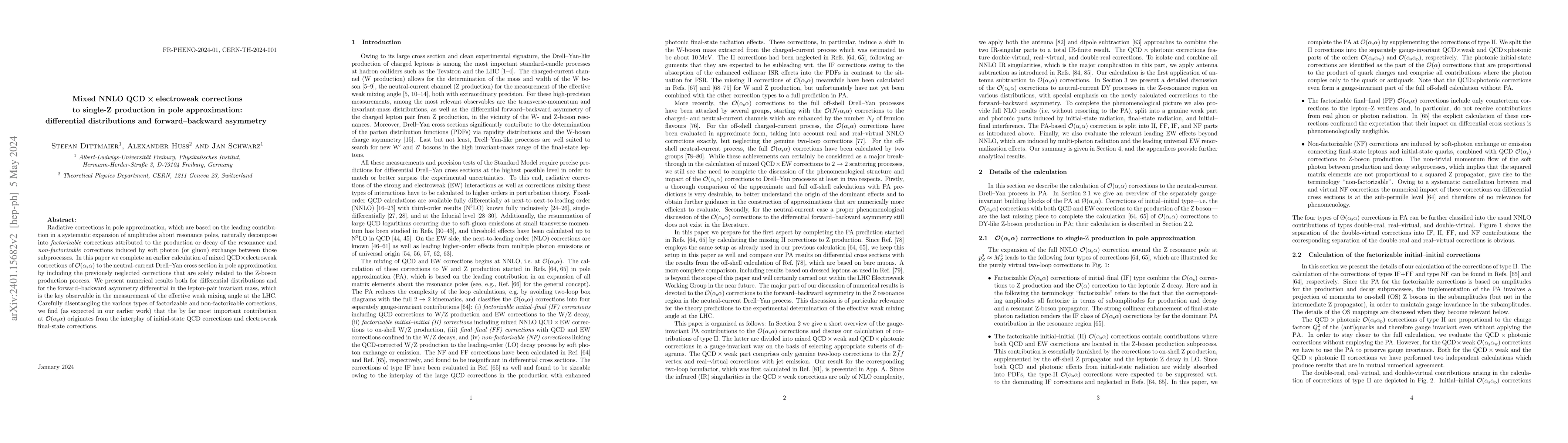 Thumbnail for Mixed NNLO QCD $\times$ electroweak corrections to single-Z production
  in pole approximation: differential distributions and forward-backward
  asymmetry