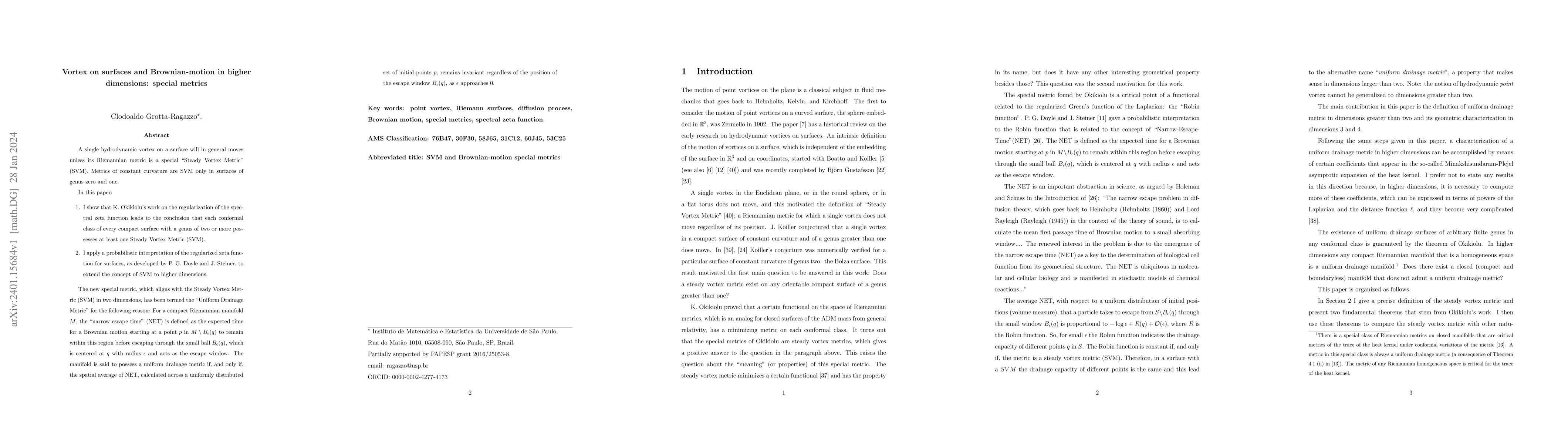 Thumbnail for Vortex on surfaces and Brownian-motion in higher dimensions: special
  metrics
