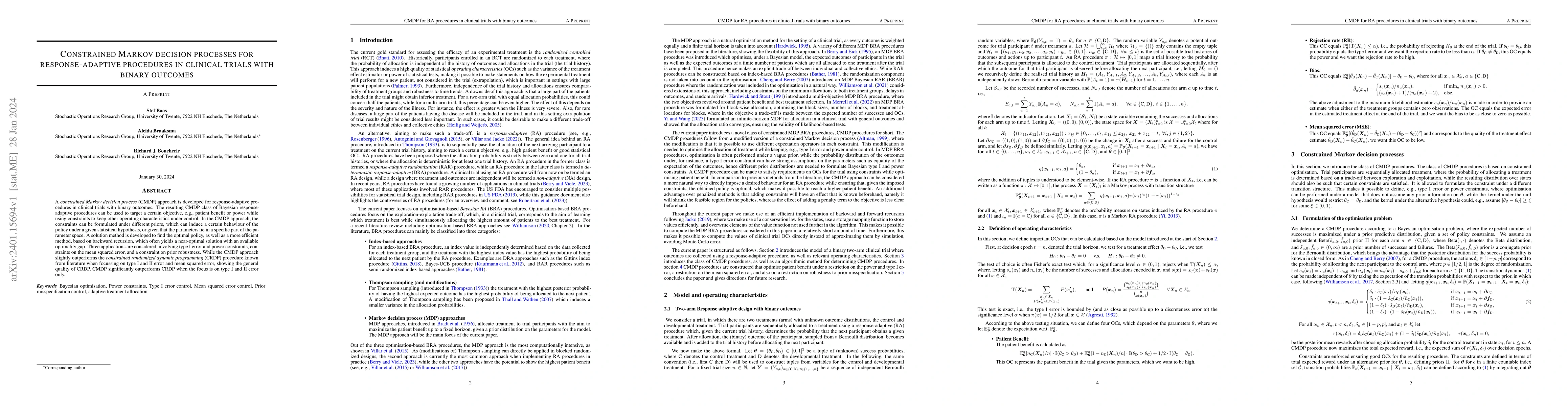 Thumbnail for Constrained Markov decision processes for response-adaptive procedures
  in clinical trials with binary outcomes