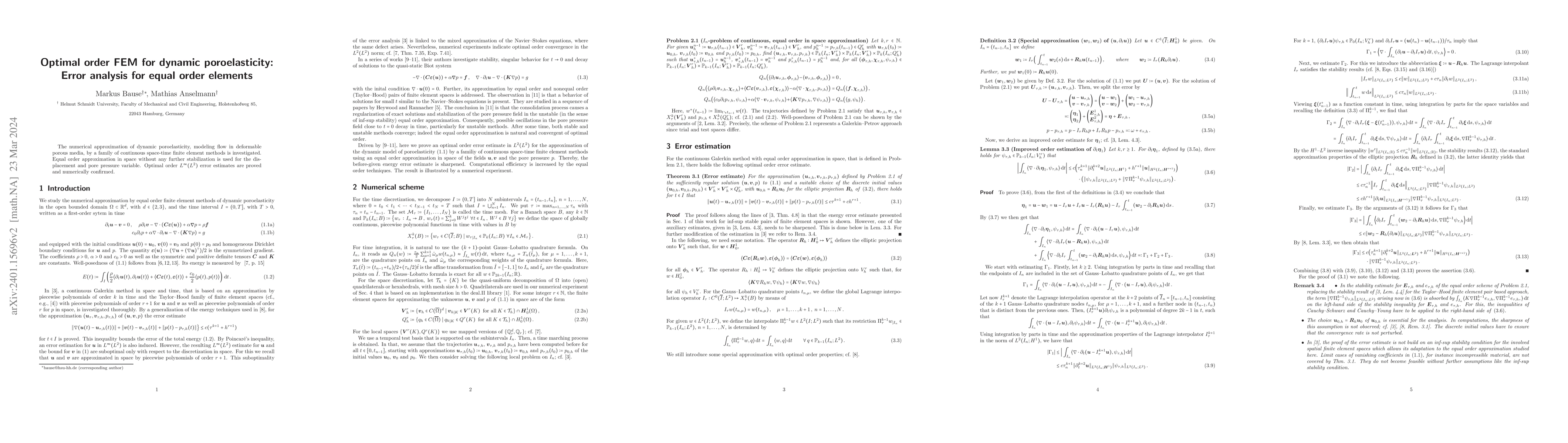 Thumbnail for Optimal order FEM for dynamic poroelasticity: Error analysis for equal
  order elements