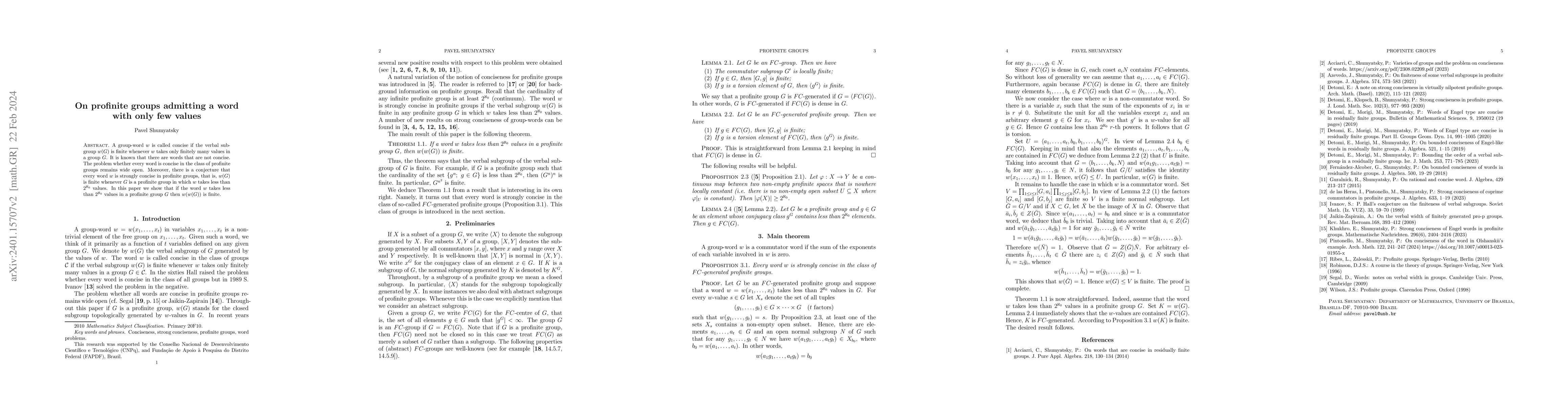 Thumbnail for On profinite groups admitting a word with only few values