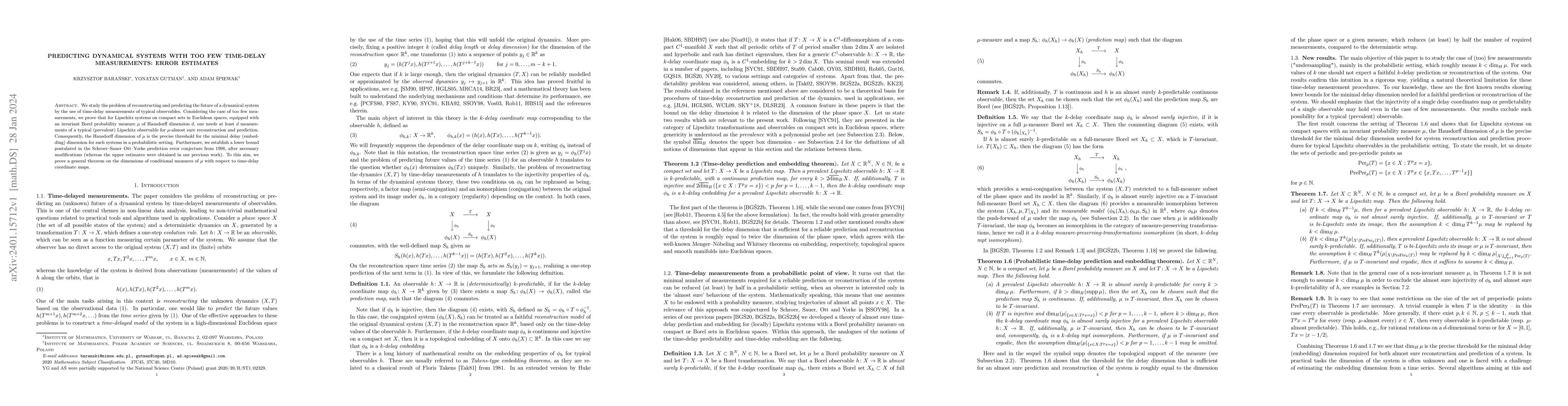Thumbnail for Predicting dynamical systems with too few time-delay measurements: error
  estimates