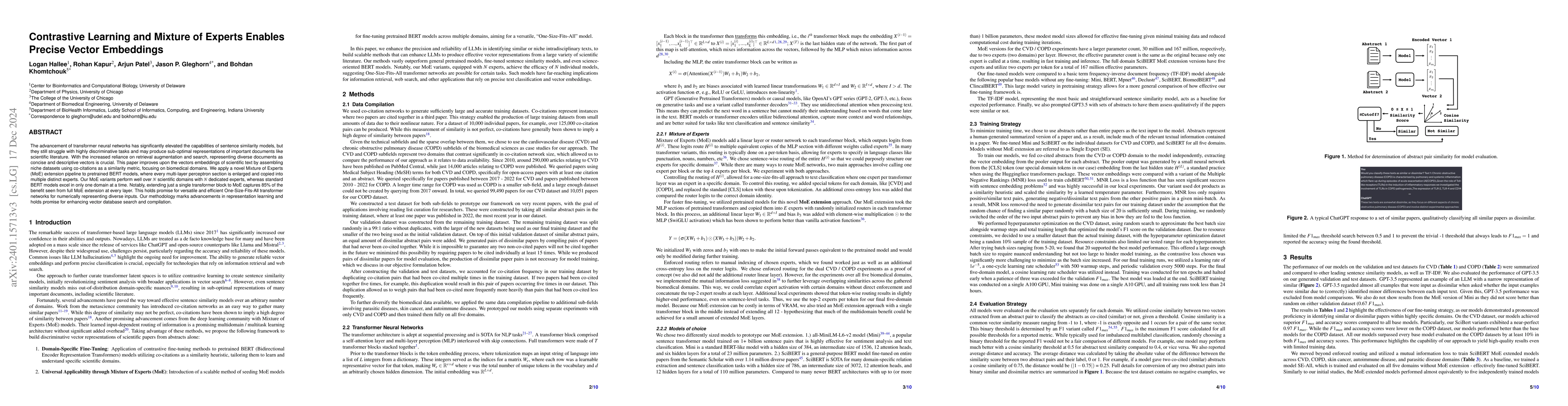Thumbnail for Contrastive Learning and Mixture of Experts Enables Precise Vector
  Embeddings