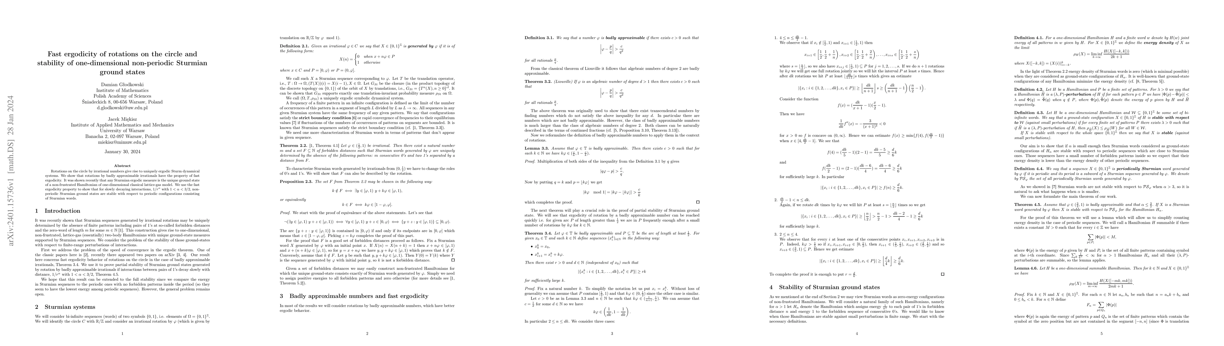 Thumbnail for Fast ergodicity of rotations on the circle and stability of
  one-dimensional non-periodic Sturmian ground states