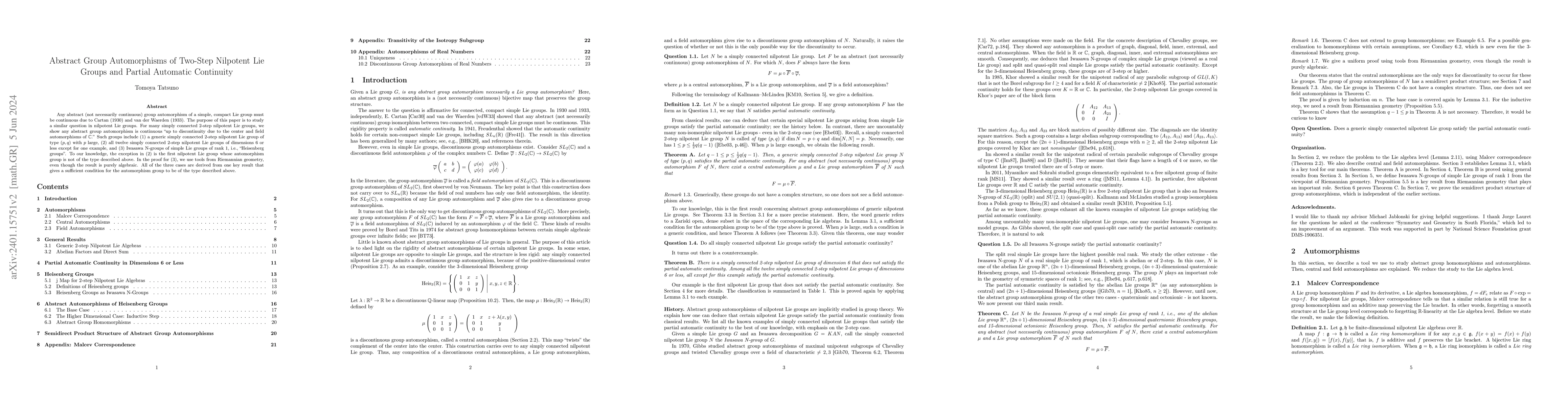 Thumbnail for Abstract Group Automorphisms of Two-Step Nilpotent Lie Groups and
  Partial Automatic Continuity