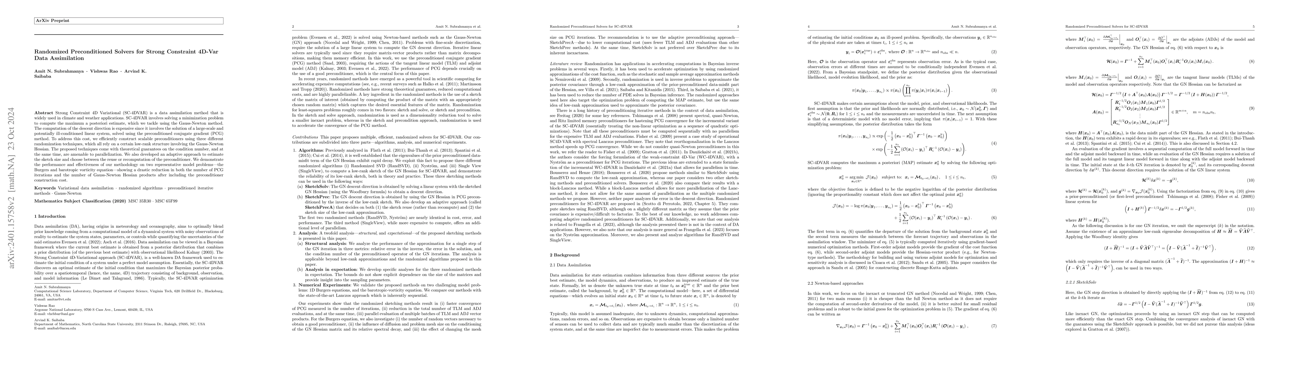 Thumbnail for Randomized Preconditioned Solvers for Strong Constraint 4D-Var Data
  Assimilation