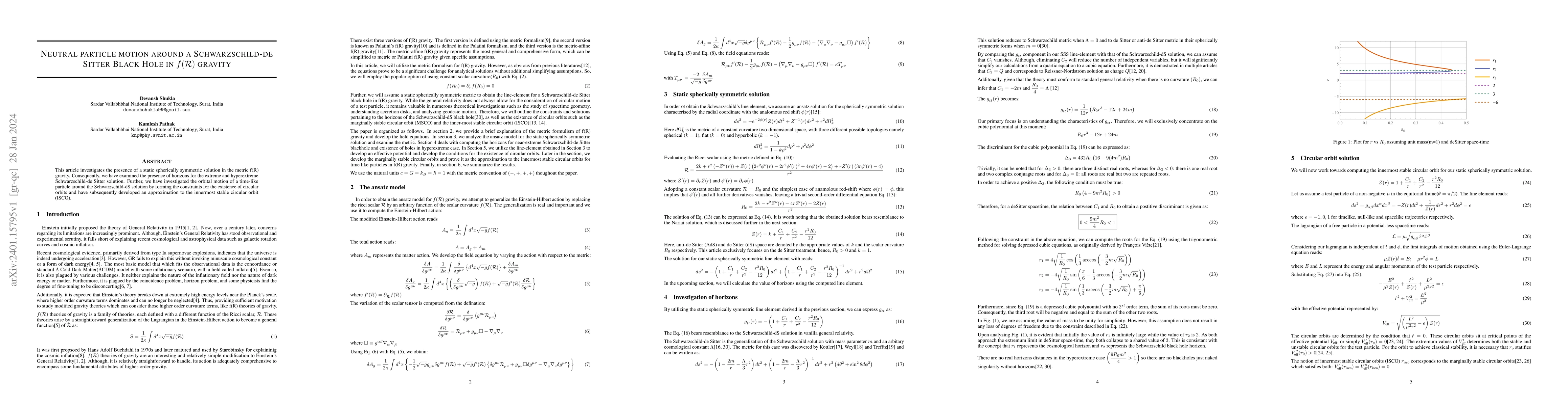 Thumbnail for Neutral particle motion around a Schwarzschild-de Sitter Black Hole in
  f(R) gravity