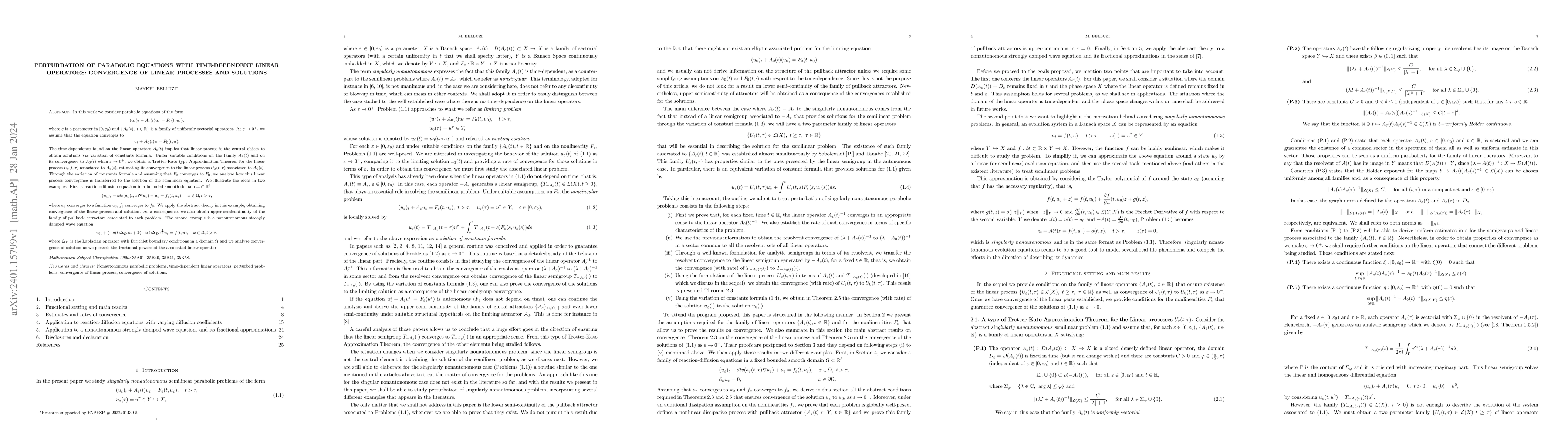 Thumbnail for Perturbation of parabolic equations with time-dependent linear
  operators: convergence of linear processes and solutions