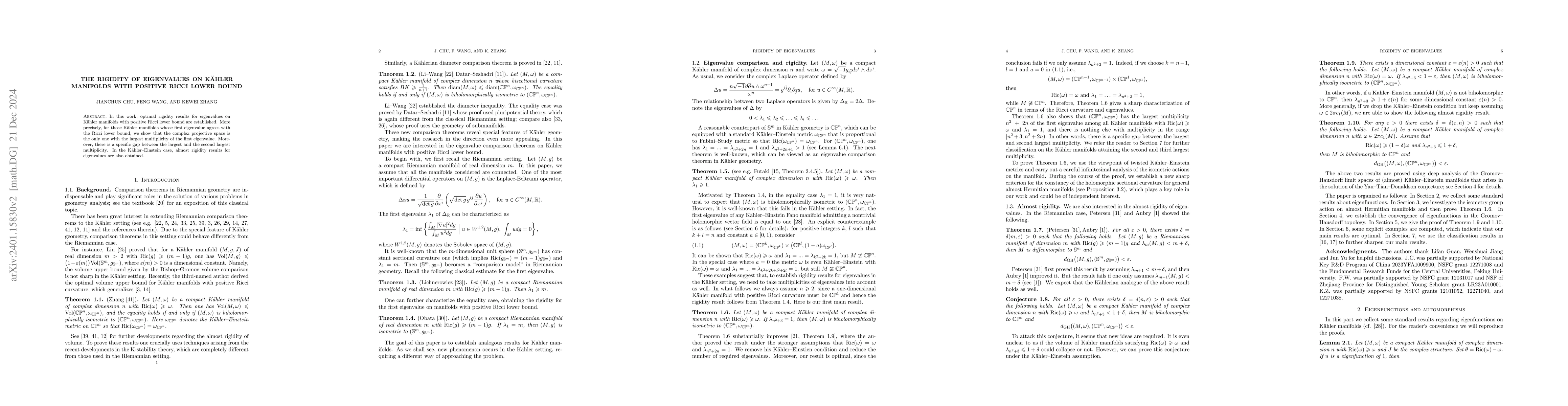 Thumbnail for The rigidity of eigenvalues on K\"ahler manifolds with positive Ricci
  lower bound