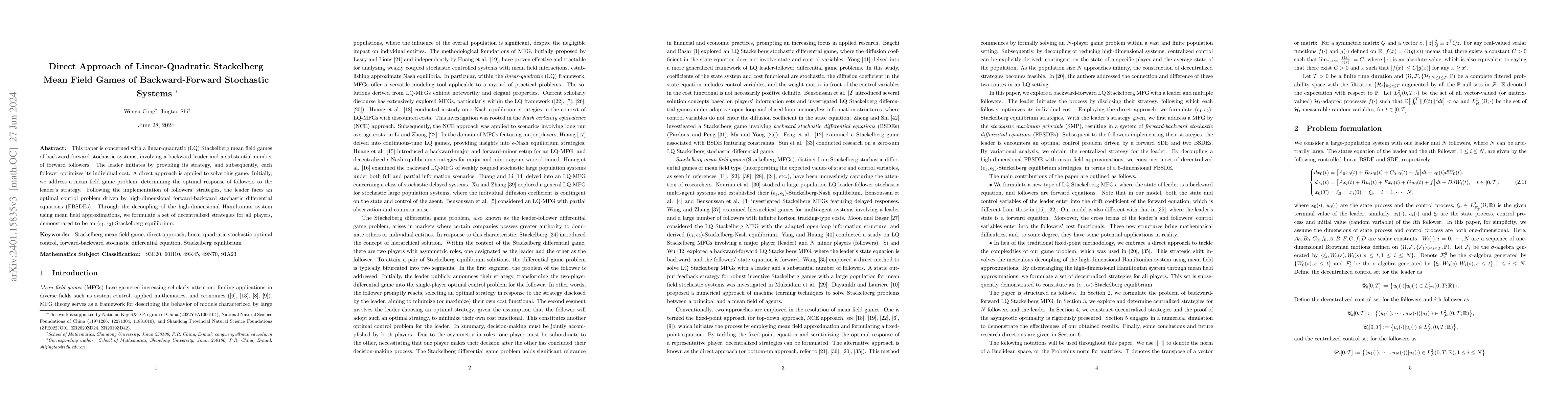 Thumbnail for Direct Approach of Linear-Quadratic Stackelberg Mean Field Games of
  Backward-Forward Stochastic Systems