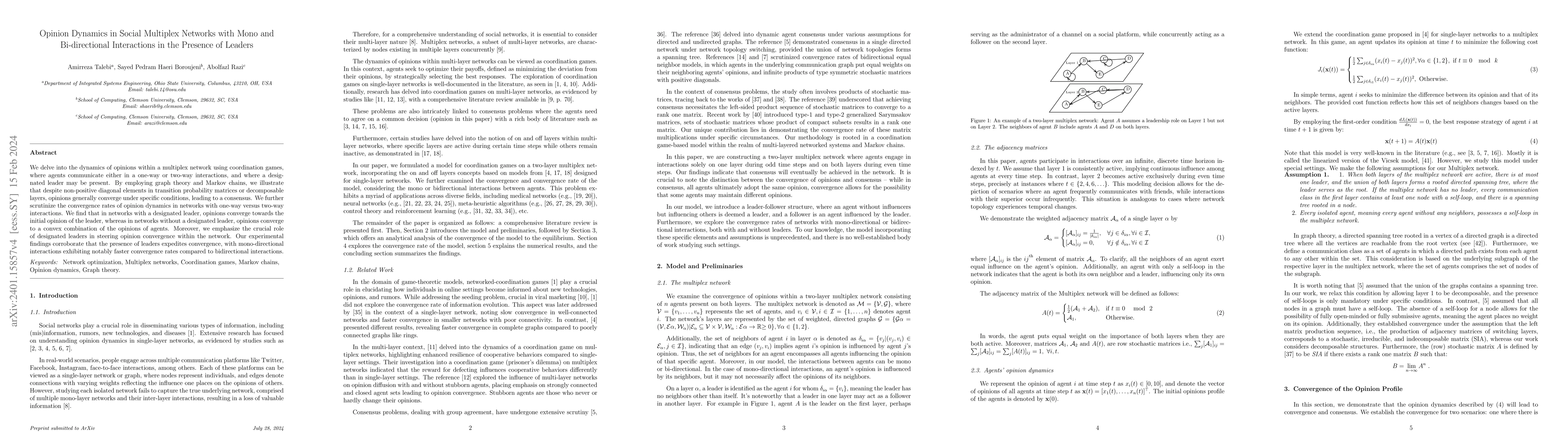 Thumbnail for Opinion Dynamics in Social Multiplex Networks with Mono and
  Bi-directional Interactions in the Presence of Leaders