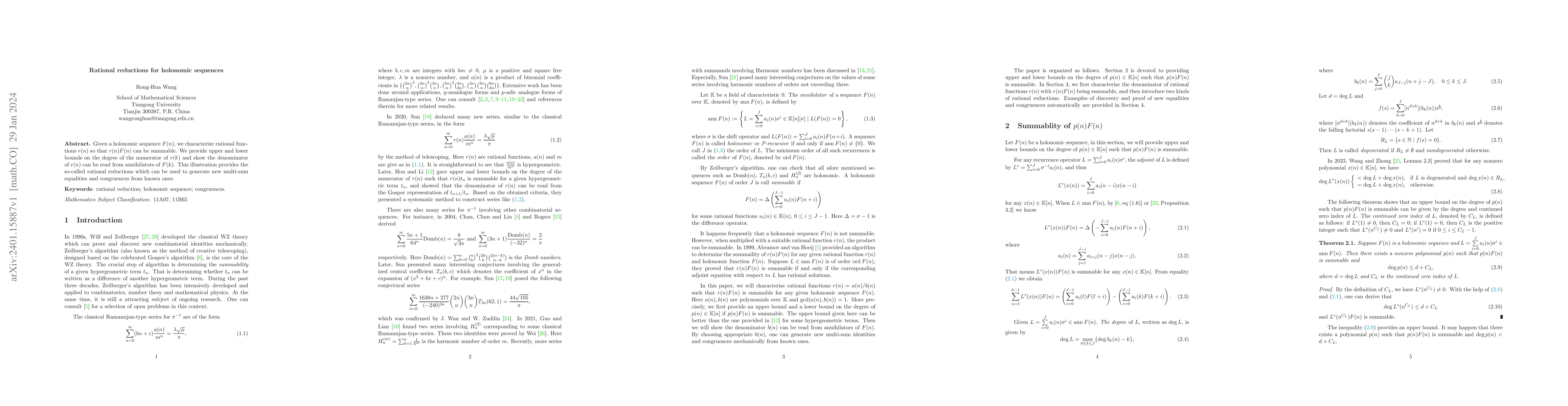 Thumbnail for Rational reductions for holonomic sequences