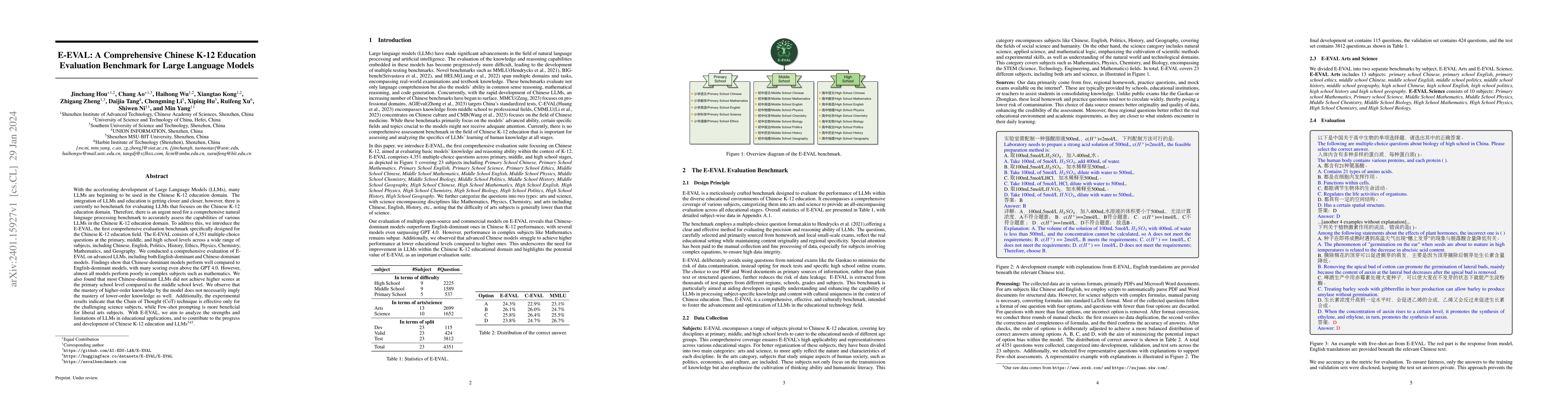 Thumbnail for E-EVAL: A Comprehensive Chinese K-12 Education Evaluation Benchmark for
  Large Language Models
