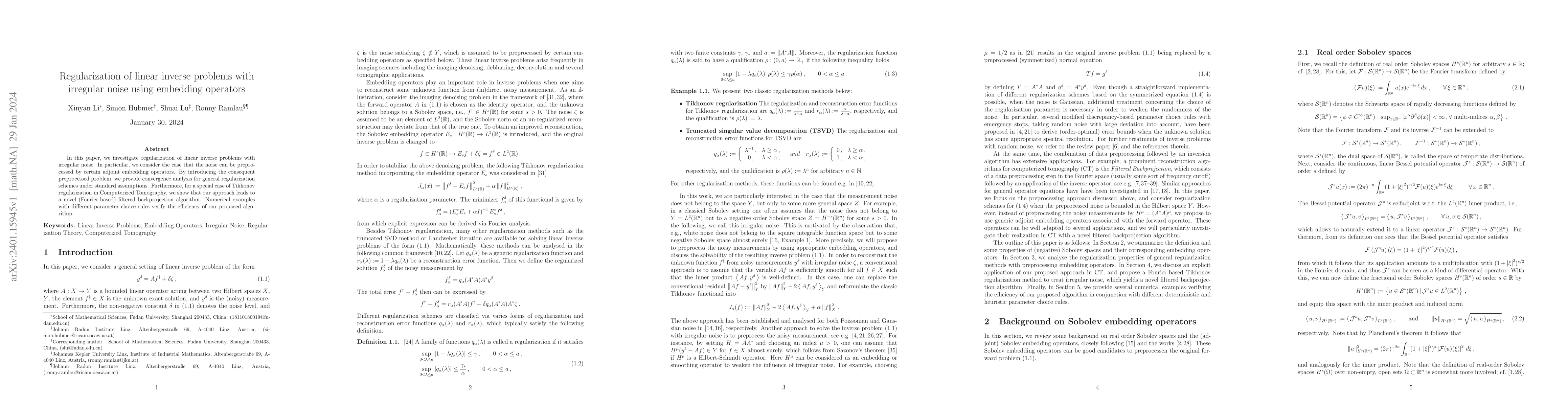 Thumbnail for Regularization of linear inverse problems with irregular noise using
  embedding operators