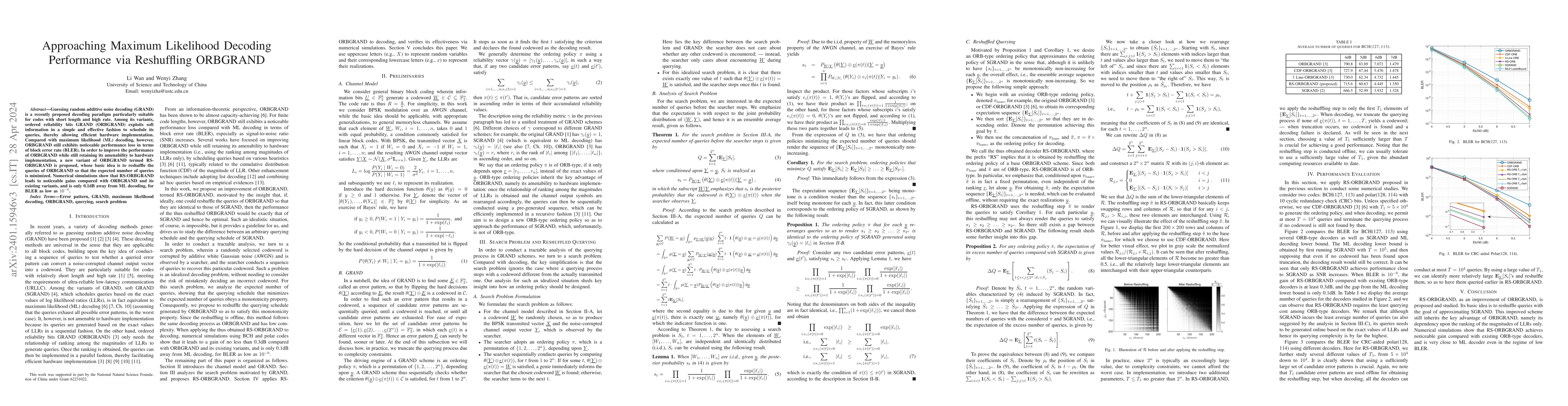 Thumbnail for Approaching Maximum Likelihood Decoding Performance via Reshuffling
  ORBGRAND