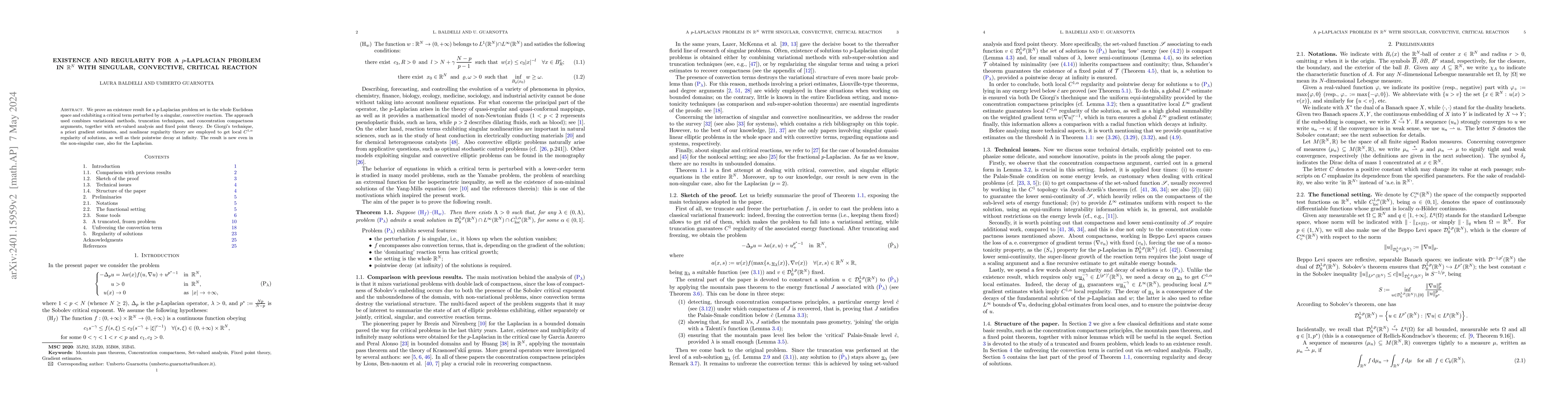 Thumbnail for Existence and regularity for a $p$-Laplacian problem in $\mathbb{R}^N$
  with singular, convective, critical reaction