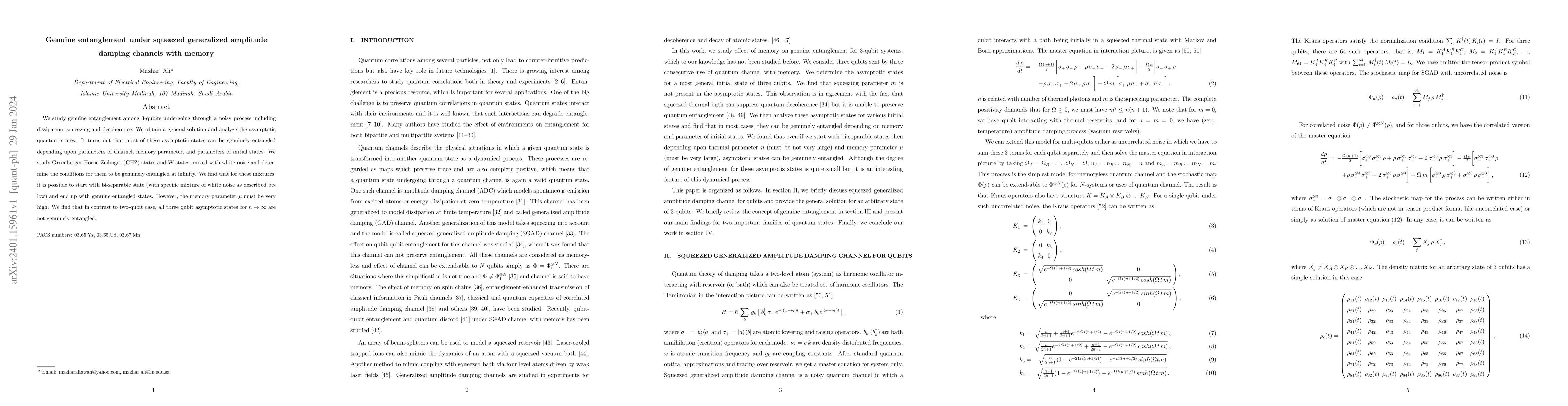 Thumbnail for Genuine entanglement under squeezed generalized amplitude damping
  channels with memory