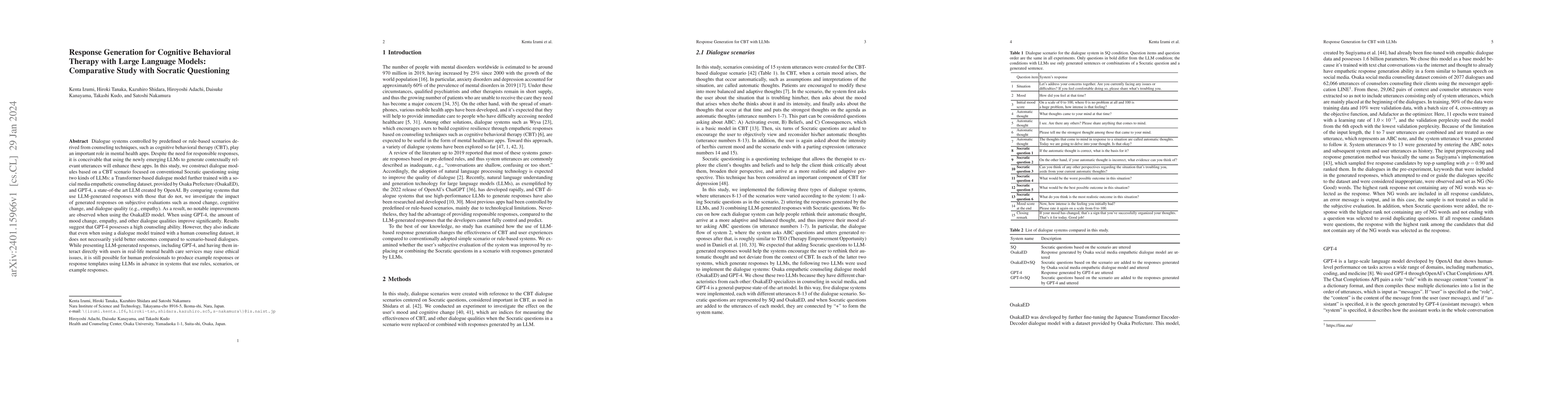 Thumbnail for Response Generation for Cognitive Behavioral Therapy with Large Language
  Models: Comparative Study with Socratic Questioning
