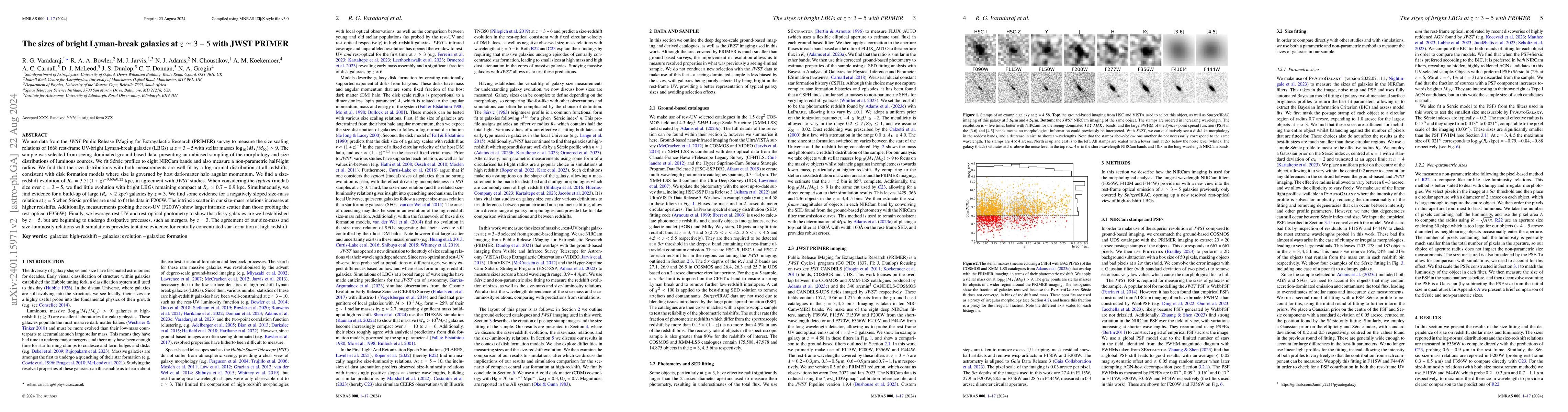 Thumbnail for The sizes of bright Lyman-break galaxies at $z\simeq3-5$ with JWST
  PRIMER