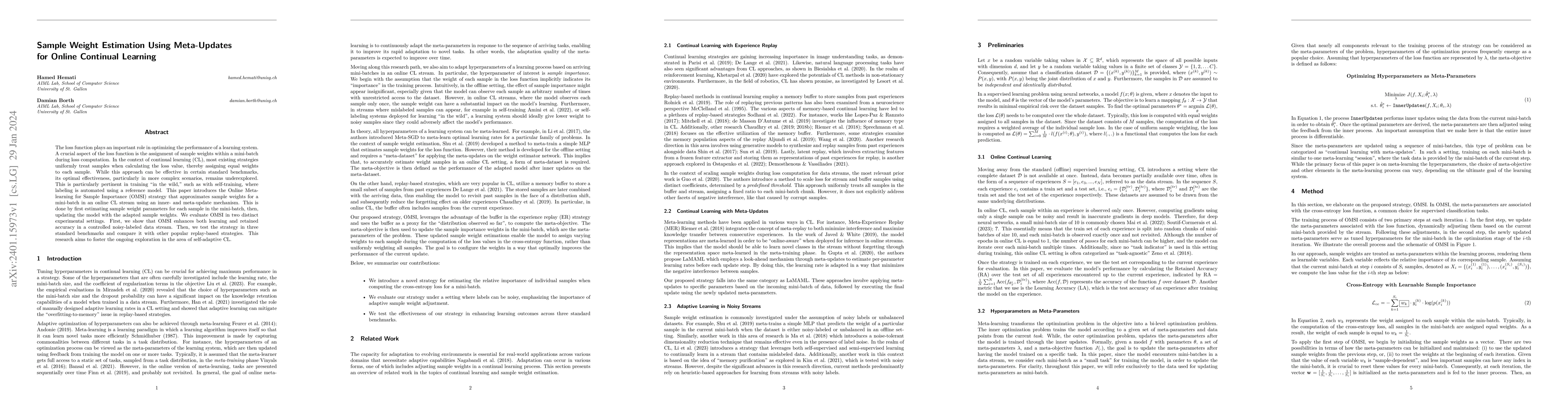 Thumbnail for Sample Weight Estimation Using Meta-Updates for Online Continual
  Learning