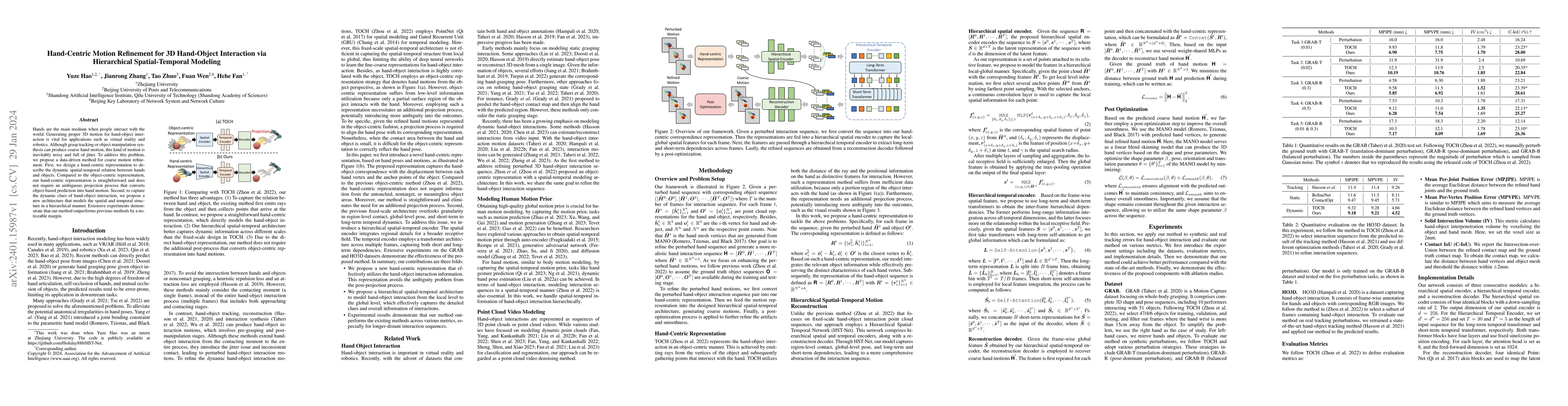 Thumbnail for Hand-Centric Motion Refinement for 3D Hand-Object Interaction via
  Hierarchical Spatial-Temporal Modeling