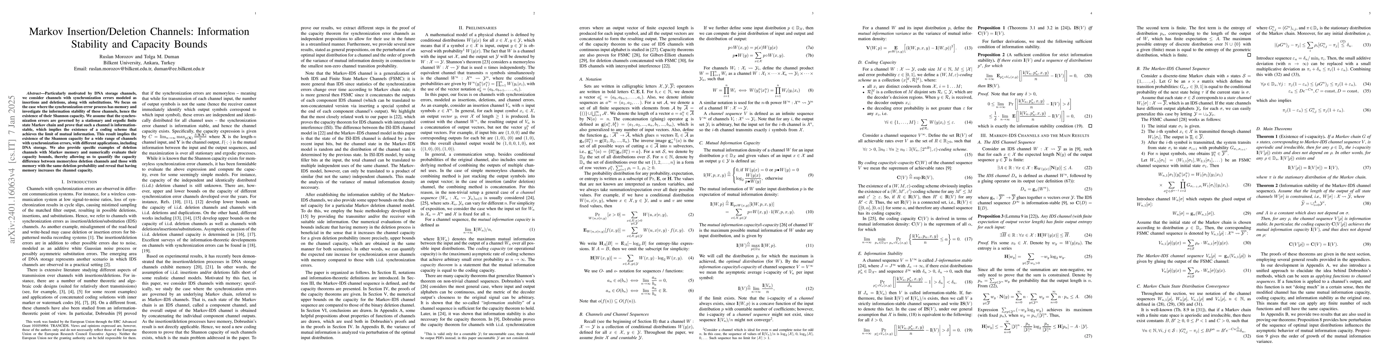Thumbnail for Shannon Capacity of Channels with Markov Insertions, Deletions and
  Substitutions