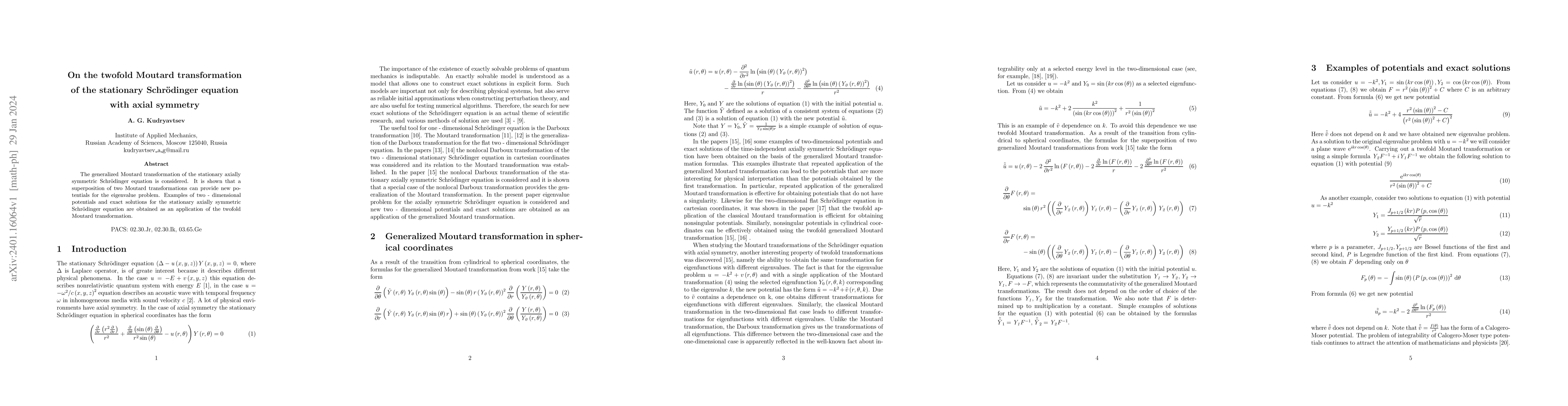 Thumbnail for On the twofold Moutard transformation of the stationary Schr\"odinger
  equation with axial symmetry