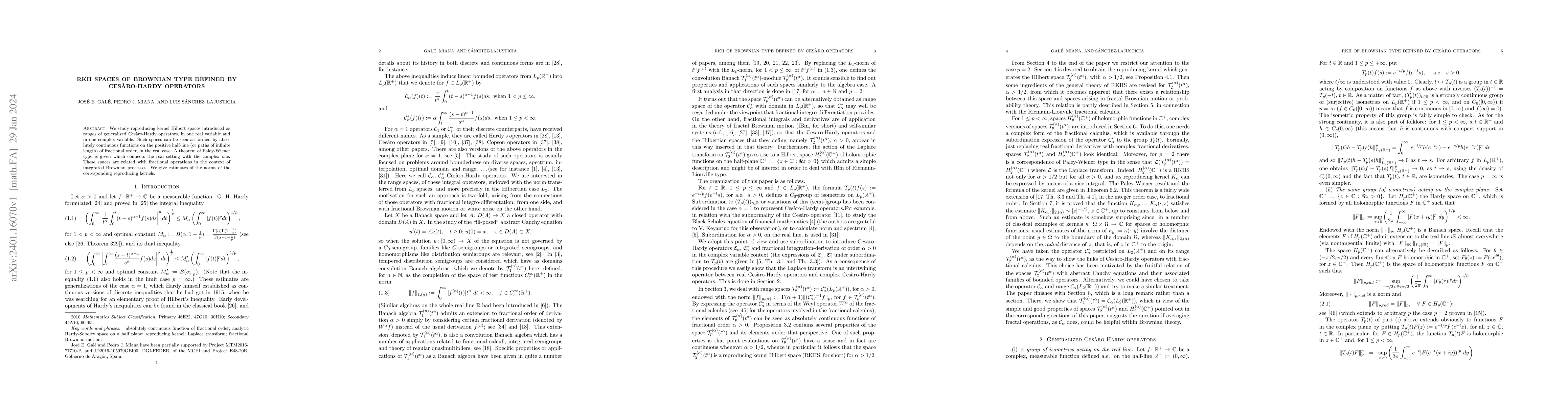 Thumbnail for RKH spaces of Brownian type defined by Ces\`aro-Hardy operators