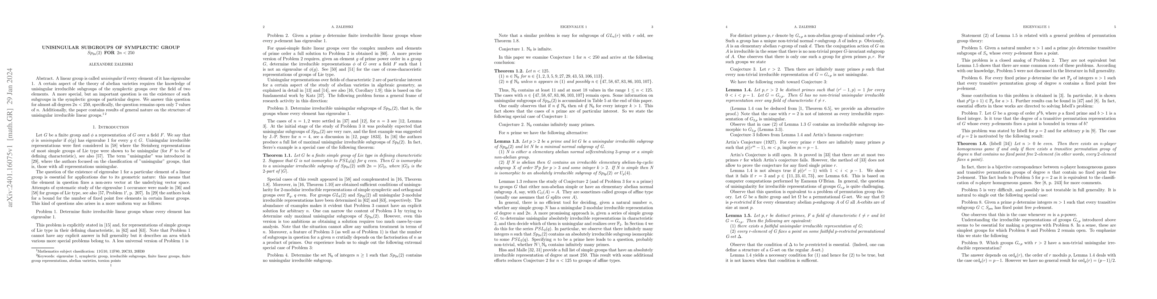 Thumbnail for Unisingular subgroups of symplectic group $Sp_{2n}(2)$ for $2n<250$